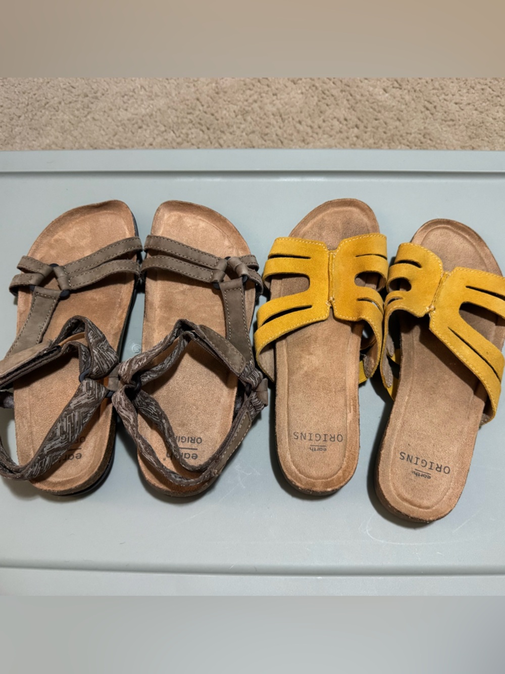 Earth Origins Yellow Suede Slide Sandals & Brown Strappy Sandals bundle